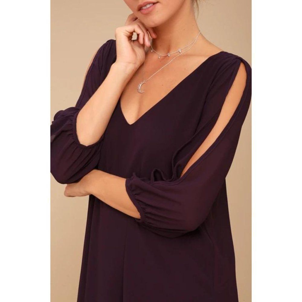 Lulu's Purple Long Sleeve V-Neck Cold Shoulder Shift Dress - Picture 3 of 9